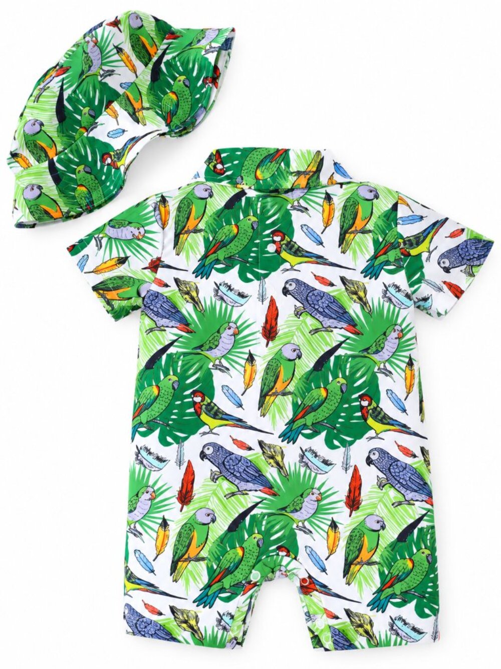 Green Tropical Parrot Baby Romper & Hat 2-Piece Outfit Set - Picture 2 of 3